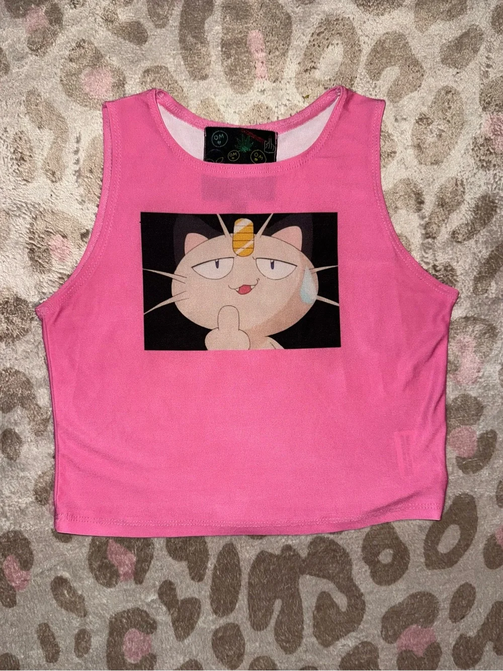 O-Mighty Meowth Middle Finger Graphic Pink Crop Tank Top